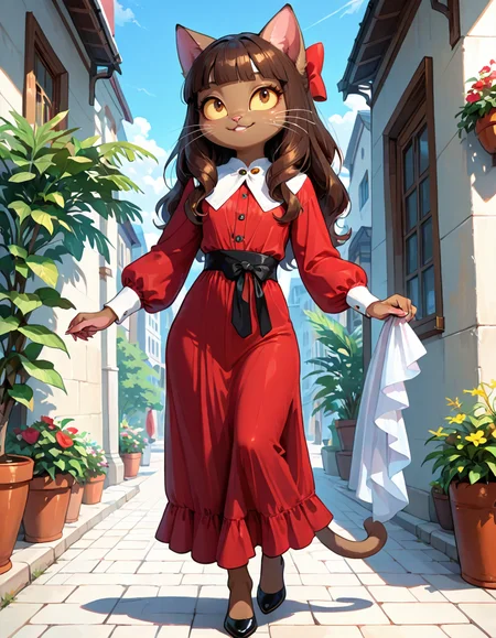 masterpiece, best quality, very aesthetic, absurdres,
outdoors, dressed,
full body, posing, 
seductive smile, parted lips, long eyelashes,
 <lora:Ivy_Pepper_v01_NAIXL:1>
1vyP3pp3r,1girl,solo,furry,furry female,cat girl,cat ears,brown hair,hair bow,long hair,blunt bangs,brown eyes,yellow sclera,animal nose,whiskers,body fur,cat tail,