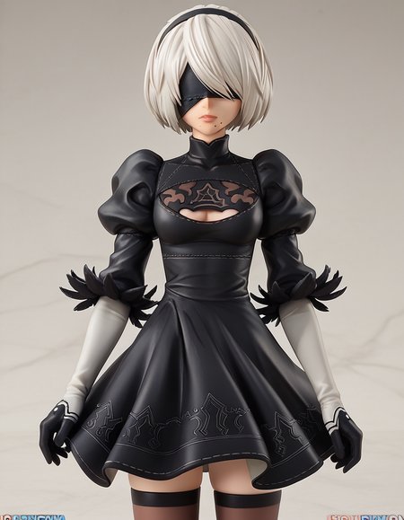 score_9, score_8_up, score_7_up, source_anime,
2b, <lora:2b-s1-ponyxl-lora-nochekaiser:0.5>,
2b, yorha no. 2 type b, short hair, white hair, hairband, mole, black hairband, mole under mouth, blindfold, covered eyes, black blindfold,
gloves, long sleeves, dress, puffy sleeves, black dress, clothing cutout, cleavage cutout, juliet sleeves, feather-trimmed sleeves,
<lora:gsc-figurines-ponyxl-lora-nochekaiser:1>, gsc figurines, 1girl, cowboy shot,