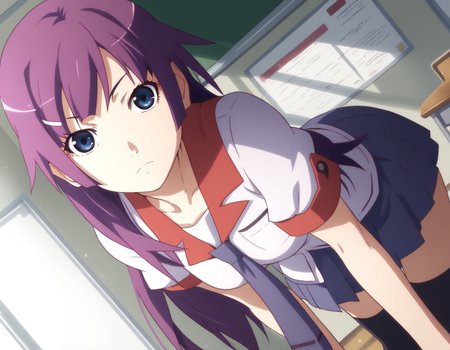 score_9, score_8_up, score_7_up, source_anime,
hitagisenjougahara, <lora:hitagi-senjougahara-anime-ponyxl-lora-nochekaiser:1>,
senjougahara hitagi, bangs, long hair, blue eyes, purple hair,
skirt, thighhighs, school uniform, necktie, black thighhighs, zettai ryouiki, naoetsu high school uniform,
indoors, classroom, bent over,
looking at viewer, cowboy shot, dutch angle,