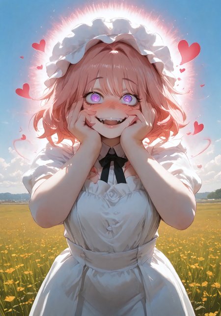 Stable_Yogis_PDXL_Positives, KureNaiZ, masterpiece, high_quality, highres, flat_colors, gradient, long_lashes, blush, looking_at_viewer, dynamic_angle, cinematic, side_view, hearts, ethereal_aura, uwu, big_eyes, crazy eyes, yandere, yandere trance
