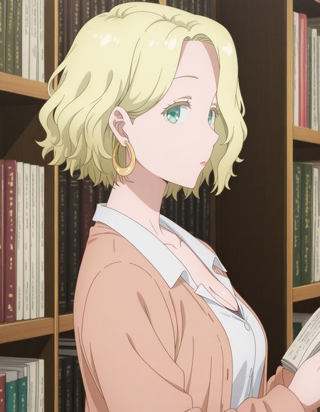 masterpiece, best quality, amazing quality,, <lora:ferris-olston-s1-illustriousxl-lora-nochekaiser:1>, ferris olston, short hair, blonde hair, green eyes, mature female, mature female, breasts, anime screencap, shirt, cleavage, jewelry, collarbone, jacket, white shirt, earrings, collared shirt, brown jacket, hoop earrings,, from side, bookstore, books, shelves, reading, quiet, cowboy shot, solo, looking at viewer,