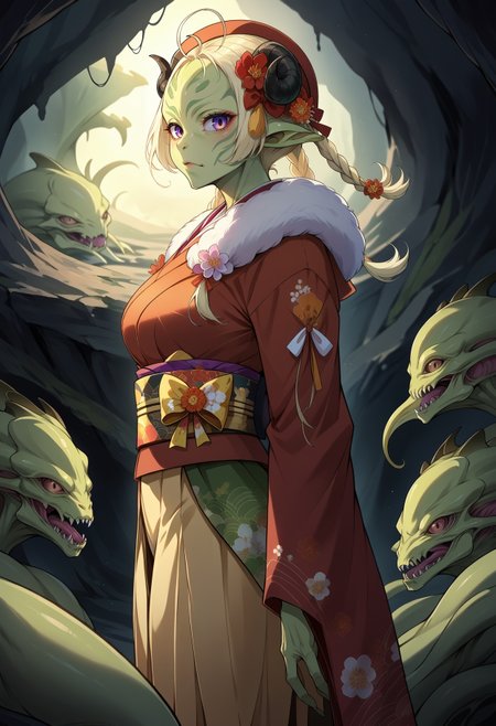 score_9, score_8_up,score_7_up, source_anime, 
BREAK
solo,alien humanoid TsunomakiWatame, horns, long hair, ahoge,WatameNewYears, twin braids, hair flower, red kimono, yellow hakama skirt, bow, floral print, sash, fur scarf, hat , grinning, from side, cave,looking at viewer, 
 <lora:Potat-Alienfier_humanoid-V1PN:-1.55>   <lora:last_1:0.8>
