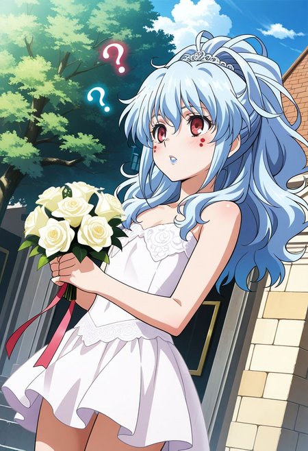 detailed eyes, beautiful, detailed background, perfect eyes,
source_anime, very aesthetic, anime coloring, masterpiece, official art,
<lora:HandFineTuning_XL:1>
BREAK,
street, church, trees, outdoor,
cowboy shot, dynamic angle, holding bouquet,  question mark icon, confused, parted lips,
flat chest,
BREAK,
 <lora:alfimi_illustrious_v01:0.8>alfimisrw, light blue hair, long hair, wavy hair, hair between eyes, red eyes, facial mark, blue lips, wedding dress,  frills, short dress,