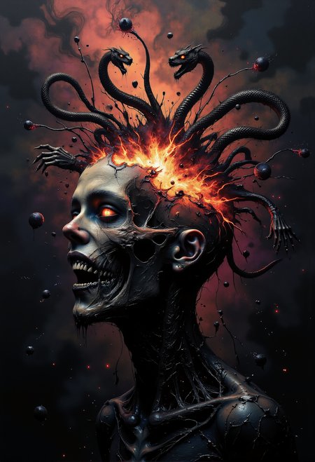 A surreal close-up of a human head mid-explosion, with the upper skull bursting open in a chaotic display. From the explosion, dark, twisted, and shadowy forms emergeâserpents, clawed hands, and ghostly faces, all entangled with vibrant red threads representing lust and desire. Smoky tendrils weave through the scene, wrapping around fragments of the head, while glowing eyes and devilish grins lurk within the chaos. The background is an abstract void of swirling blacks and deep purples, illuminated by flickering sparks of crimson, highlighting the intensity of the unleashed thoughts <lora:- Flux1 De-Distilled - temp_haunting_cre_1.0.safetensors:0.5>, <lora:we-br-v2.safetensors:0.75>,