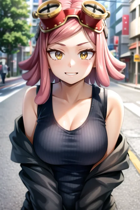 <lora:hatsume-10:0.8>  hatsume mei(mha), 1girl solo,pink hair,short hair,goggles on head, TANK TOP,bangs,symbol-shaped pupils, yellow eyes, happy, looking at viewer, outdoors,cityscape, depth of field, road, tokyo , street photography, upper body, perfect face, curvy,  highres,