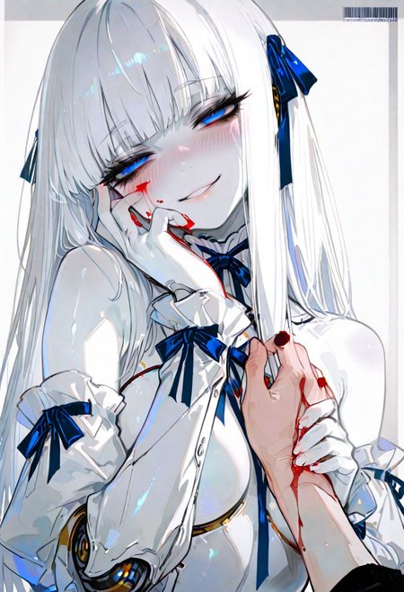 masterpiece, best quality, good quality, newest, highres, absurdres, volumetric lighting,gradient color,
BREAK 
raytracing, volumetric lighting, ambient occlusion, Background, girl, 
BREAK
Automaton, colored skin, robot girl, (white_skin:2.0), joints, white hair, blue eyes, long hair, bangs,
metal_skin, no nipples, metal_skin, barcode,
blunt bangs, blush, long hair,  eyelashes, half-closed eyes, bare shoulders, hand grab, hands up, head tilt, ribbon, smile, detached sleeves, very awa, masterpiece, highres, absurdres, yandere, gesugao, blood on face, smeared blood, blood on hands, blood on fingers, masterpiece, best quality, very awa, absurdres