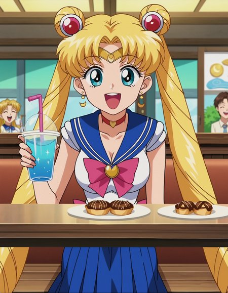 score_9, score_8_up, score_7_up, BREAK
(masterpiece, best quality, 8k resolution, (anime screencap:1.5)), Tsukino Usagi, Sailor Moon, long blonde hair with twin tails, wearing a cute outfit, sitting at a cafe table with her friends, happy and laughing expression, detailed background with cozy cafe interior, pastries and drinks on the table, 2d anime style, intricate details in their outfits and the cafe decor, warm and inviting atmosphere, depth of field, volumetric lighting, high dynamic range, vibrant and cheerful environment