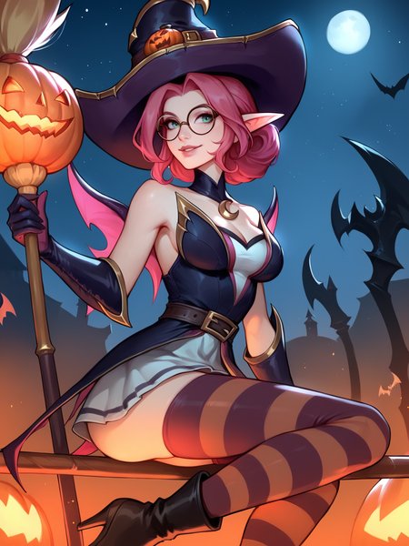 score_9, score_8_up, score_7_up, BREAK, Janna Bewitching, 1girl, solo, long pink hair, green eyes, purple witch hat, long ears,  glasses, black collar, moon neackle, purple witch dress, purple gauntlet, two collor knee socks, black boots, broom with pumpkin, in dark starry sky, full moon, night,  <lora:JannaBW:1>