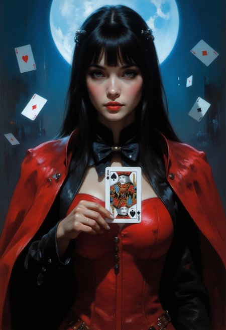 A hyper-realistic digitally drawn portrait of a young woman in a vibrant red magician's outfit, featuring a black bowtie and a dramatic red and black cape. Her straight, jet-black hair with sharp bangs partially frames her face, though her expression is obscured in soft blur. Her right hand extends toward the viewer, holding a vividly detailed "Jack of All Trades" playing card. The card and her hand are in sharp focus, showcasing her glossy white-manicured nails, which contrast beautifully with her dark attire. The rest of her face and body fade into a blurred haze, with only the card and hand remaining clear, creating a dynamic visual contrast. The background is a soft, blurred gradient of deep blue, illuminated by cinematic lighting that adds a mysterious, ethereal glow. Floating playing cards drift in the blurred backdrop, subtly hinting at movement and depth. The satin-like texture of her costume catches the light, revealing a smooth, luxurious sheen, while the lighting highlights the sharp details of her hand and card. The scene blends the allure of classic magic with modern cinematic storytelling, evoking mystery and elegance. HD, 8K quality, ultra-detailed, flawless anatomy, cinematic focus blur, digitally drawn.