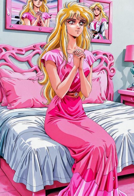 1 adult woman,
1990s (style), retro artstyle
Esmeralda,long hair, blonde hair, pink dress,
beautiful, sitting,
establishing shot, hands clasped together, 
negative space, framing device, leading lines, ray tracing,
high key,
1990s (style), retro artstyle
teal white bedroom