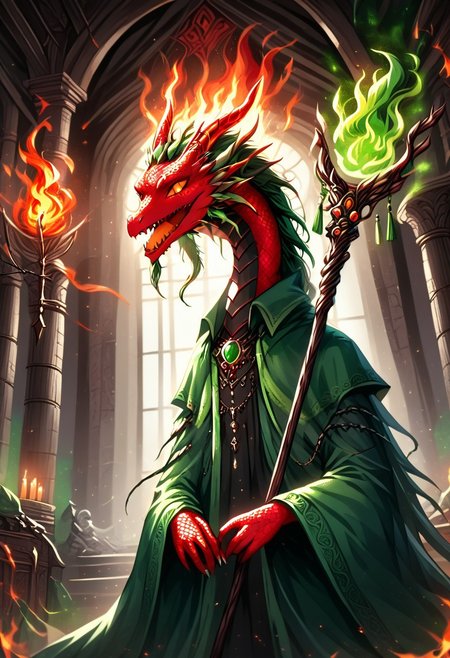 (Dragon h3ad priestess wearing a green cloaks:1.3), Dragon Fire, Red Scales, inside temple, soft lighting
<lora:add_detail:0.5>, animal_head, orbstaff, gothic horror,