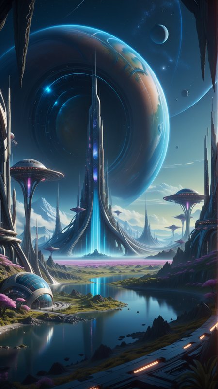 Cinematic movie still, hyper-detailed, sci-fi alien planet, with intricate futurcouture architecture, glowing holographic vegetation, luminescent flora under a vivid night sky. The landscape is bathed in soft, ethereal lighting, with shimmering stars scattered across the sky. The atmosphere feels alive, with high-definition realism, creating a mesmerizing and surreal environment. The scene is rendered in stunning 4K resolution, capturing every detail with professional artwork quality. Advanced visual techniques and effects add depth and texture, making the scene both captivating and otherworldly. <lora:3D:0.5> <lora:JuggerCineXL2:0.5> <lora:add-details-xl:0.5>  <lora:RM_Futurcouture_loha_v1.5:0.5>  <lora:ral-hlgrphic-sdxl:0.5> <lora:SDXL_minimalism:0.5> <lora:add_brightness:0.5> <lora:DistantFuture:0.5>