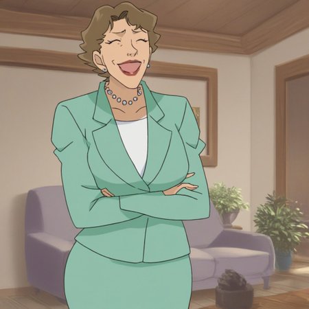 score_9, score_8_up, score_8, score_7_up, score_7, (best quality), Source_cartoon, anime coloring, 1girl, mature female, older woman, solo, Waltz Hohoemi, brown hair, short hair, mature woman, lipstick, makeup, formal, green jacket, green pencil skirt, blue heels, earrings, pearl necklace,1girl, big ass, voluptuous body, curvy figure, huge hips, big breasts, fullbody, laughing, living room