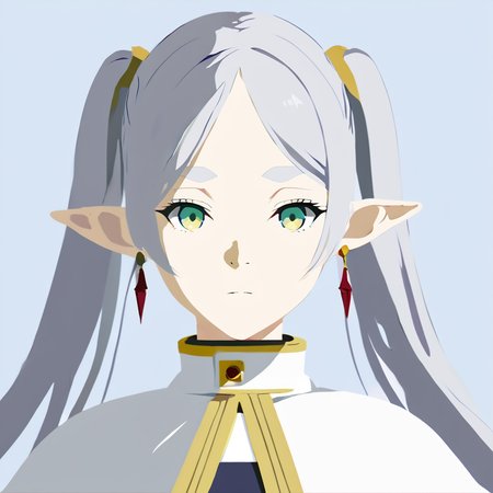 (masterpiece:1.2), (best quality:1.4), vector-artstyle, flat color, simple background, frieren, 1girl, solo, green eyes, grey hair, twintails, pointy ears, eyebrows, white capelet with long sleeves, earrings, expressionless, upper body, looking at viewer, <lora:Perfect Hands:0.8>,  <lora:neg4all_bdsqlsz_xl_V7:1>, <lora:vector-artstyle-000003:0.9>, <lora:FrierenXL:0.9>