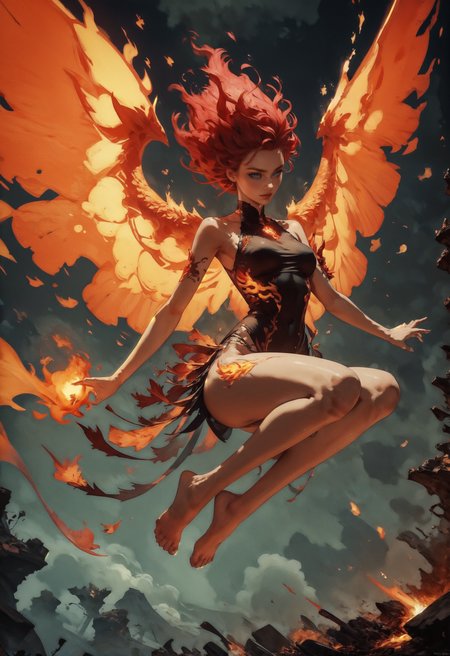 score_9, score_8_up, score_7_up, score_6_up,  1girl, (solo), red hair, female phoenix, floating, flying, fiery wings, inferno, fire, flames, lava made, translucent, fantasy, glowing, barefoot, knva, halftone effect, Expressiveh  <lora:sinfully_stylish_SDXL> <lora:add-detail-xl:1> <lora:xl_more_art-full_v1:0.7> <lora:Kenva:1> <lora:Concept Art Twilight Style SDXL_LoRA_Pony Diffusion V6 XL:1> <lora:Expressive_H-000001:0.8>