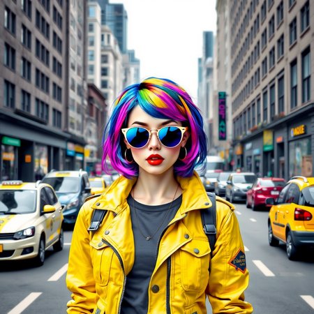 babel-pencil, a woman with colorful hair and sunglasses standing in the middle of a city street. She is wearing a yellow jacket and is surrounded by vehicles on the road and buildings on either side. The sky is visible at the top of the image.