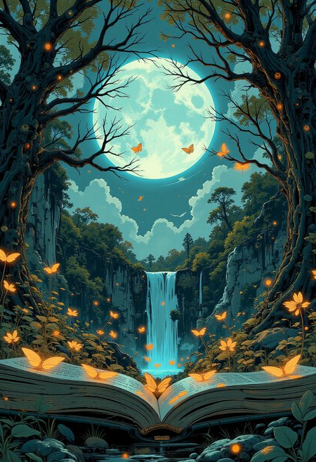high quality, ultra detailed, colorful, fantasy, bo-neon, a digital artwork depicting an open book with a fantastical, enchanted forest scene, the book is positioned in the center of the image, with its pages spread wide, revealing a serene, mystical forest inside, the forest is intricately detailed, with thick, gnarled trees that intertwine with each other, their branches reaching towards the sky, the trees are covered in lush, green foliage, and their trunks and branches are twisted and twisted, creating a sense of depth and texture, in the background, a large, full moon shines brightly, casting a soft, ethereal light that illuminates the forest, a small waterfall cascades through the center, adding a tranquil, serene atmosphere, small, yellow crescent moon and stars float gently in the water, enhancing the mystical ambiance, surrounding the book, the ground is a dark, textured surface, possibly a forest floor, with scattered leaves and small, delicate butterflies adding a touch of whimsy, the overall style is highly detailed and realistic, with a focus on the textures of the forest and the book's pages, and the overall effect is one of enchantment and wonder<lora:Ethereal_Brush_Anime_v1.0.safetensors:0.6:0.6> <lora:It's a LoRA for portraits, BUT! actually specialized in backgrounds. v1.0.safetensors:0.12:0.12> <lora:boFLUX Abyss Neon.safetensors:0.6:0.6> <lora:Blue_Future.safetensors:0.9:0.9>
