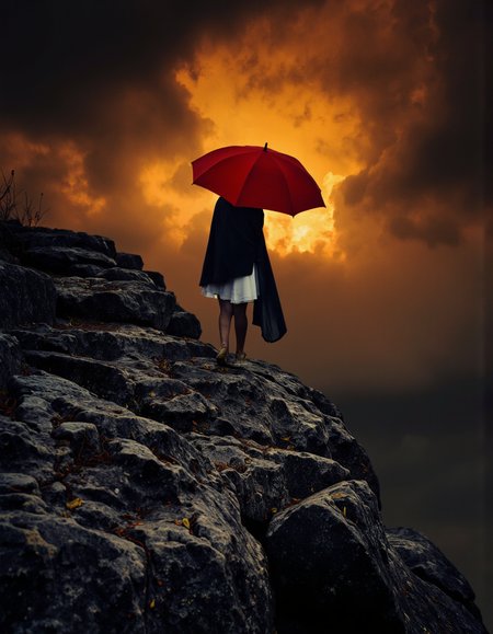 Art by Brooke Shaden. A photo-realistic shoot from the front about a mysterious figure standing on a rocky cliff, holding a red umbrella amidst a dramatic, fiery background. the image also shows a dark, ominous sky with orange and yellow hues, creating a sense of danger and foreboding. on the middle of the image, a person, who appears to be a adult, stands with their back to the viewer, facing away from the viewer. the person is wearing a black cloak and a white dress, and their face is obscured by the red umbrella. they are standing on the rocky surface, with the person's head out of frame and their body hidden by the cloak. the umbrella is open, and the red color of the umbrella stands out against the dark, smoky background, adding to the sense of mystery and fear. the overall mood is dark and moody, with a focus on the mysterious figure and the fiery backdrop.