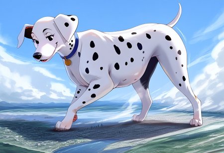 score_9, score_8_up, score_7_up, detailed face, best quality, 1girl, solo, masterpiece, detailed background, beautiful, detailed eyes, mature female, giantess, macro
side view, lien,
1girl, solo,furry female, furry female, feral,perdita101,Dalmatian,Dog, dog girl, dalmatian, white and black fur, black spots, long ears, dog ears, black eyes,  chubby, on fours,colossal, face focus, ((full body view)),
 standing, seductive pose, light smile, narrowed eyes, smiling, expansion, tight, 
long river, skyline, cityscape, destroyed cityscape,  earthquake, steam, fog, craters
