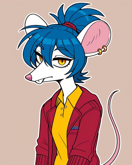 score_9_up, score_8_up, score_7_up, score_6_up, by remanedur, half-length portrait, rat, furry female, yellow eyes, blue hair, white body, female, furry, tail, red jacket, ear piercing, open jacket, hair between eyes, ponytail, looking at viewer, yellow shirt, polo shirt, jeans, solo, neutral expression, three-quarter view, head tilt, simple background, white outline,  <lora:Leah_Pines(AIM)_XL_v1:0.15> <lora:PDXL_artist_tags_v2_big:0.5> <lora:The-Minuscule-Task_PDXL_v1.0:0.6>    <lora:Bianca_Drawligator:0.5>