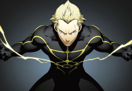 nsfw, masterpiece, best quality, newest, absurdres,anime,official artwork,persona, soejima shigenori,1boy, bara, solo, male focus, tatsumi kanji,bleached hair,blonde hair,grey eyes,scar above left eye, black bodysuit (lightning pattern), casting yellow lightning from fingers, casting lightning at viewer, standing up, fighting pose
