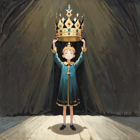 boy trying to reach a crown, medieval, scene by Amy Earles, abstract-expressionism, dark, gestural, watercolor, whimsical,