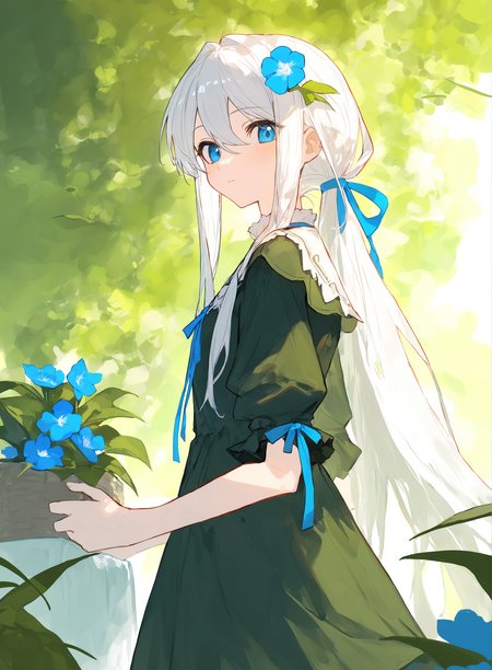 best quality,masterpiece,absurdres,newest,
 <lora:damcstyle_N-000018:1> ,
1girl, solo, looking at viewer, blue eyes, hair ornament, dress, ribbon, hair between eyes, closed mouth, upper body, white hair, flower, sidelocks, puffy sleeves, hair flower, black dress, from side, looking to the side, plant, blue ribbon, green dress, green theme, sleeves past elbows | This is a digital painting by artist Bihon, featuring a young girl with pale skin and long, flowing white hair adorned with a blue flower. Her wide, innocent blue eyes and delicate features give her a gentle, ethereal appearance. She wears a dark, flowing dress with teal accents, including a bow at the neck and a ribbon tied into a bow on her upper chest. The background is an out-of-focus, lush forest with verdant green tones, suggesting a serene, natural setting. The lighting appears soft and diffused, likely simulating natural light filtering through the trees, casting a gentle glow on the girl's face and hair. The image is seen from a slightly low angle, emphasizing her delicate figure and the depth of the surrounding foliage.