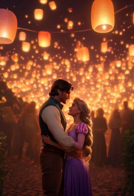 romance, 1man, 1girl, full body shot, realistic, stunningly realistic, trending on artstation ,  FlynnRider, Rapunzel, 1man, 1girl, original style, high angle, lanterns, magical ambiance, surrounded by lights, (masterpiece), best quality, highres, 4k, 8k, intricate detail, cinematic lighting, amazing quality, amazing shading, soft lighting, 35mm, analog style, a realistic photo, film grain, (photorealistic:0.6), taken by a canon eos r5, ultra detailed skin, ultra detailed face,  chromatic aberration, colorful, bright colors,