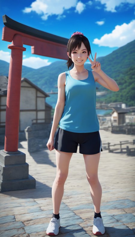 score_9,score_8_up,score_7_up,
<lora:miiyamotoHikari1512:0.6>,miiyamotohikari,1girl,solo,
black hair,ponytail,bangs,scrunchie,pink scrunchie,brown eyes,
tank top,cyan tank top,short sleeves,black shorts,(white sports shoes:1.1),
looking at viewer,smile,grin, 
outdoors,sky,seaside,cloud,stone pavement,large bridge,distant mountains,clear blue sky,soft clouds drifting,summer,japanes house,torii,
vignetting,blurry background,
medium breasts,best hips,skindentation,
standing,full body,dynamic pose,v,
