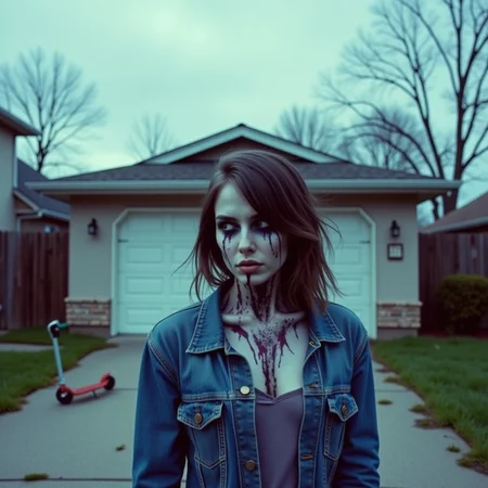 analog film photo Cowboy shot, suburban driveway under grey skies: A former teenage girl zombie in a denim jacket stands alone near a garage, weeds growing through the driveway cracks. Her shirt is torn at the shoulder, exposing mottled skin with blue-purple bruising, and faint blood dried in the lines of her throat. Her hair is matted, wind-swept. Her white eyes are open, emotionless, but almost calm. Shot on a Contax 645 with 80mm, film: Fujifilm Pro 400H, using overcast ambient light and slight backlight for soft haloing around the hair. Her fingernails are cracked, dirt under them. There's a child's scooter lying in the background. The scene feels eerily peacefulâend-of-the-world suburban melancholy. analog photography, shot by kodak brownie, faded polaroid  <lora:undead denizens v2.2:1> . faded film, desaturated, 35mm photo, grainy, vignette, vintage, Kodachrome, Lomography, stained, highly detailed, found footage