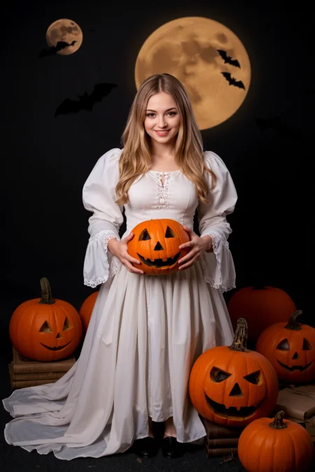 (Halloween pumpkins, jack-o-lantern), halloween night, horror, (bats), moon in the sky, portrait, (standing:1.2),  happy smiling, red eyes,(very detailed), best quality,  sharp focus, old magic books,  Mulberry ghostly white gown, halloween_atmosphere, halloween_backgrounds, halloween_creatures, halloween_props_decorations, halloween_styles, halloween_weather, halloween_lighting, ethereal lights, backlight, shadows, high contrast, hdr, <lora:Anti-Blur:0.8> <lora:Hand v2:0.8> Detailed hand, Hand, Perfect hand <lora:aidmaImageUpgrader:0.8> aidmaimageupgrader