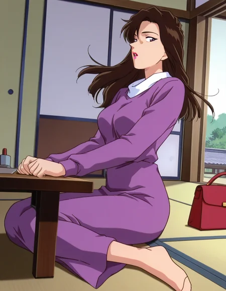 1girl,solo,masterpiece,best quality,anime screencap, 1990s \(style\),
<lora:fujimura naomi_conan_v1_IL:0.6>,(meitantei conan:0.3), fujimura naomi,brown hair,black hair,lipstick,arched bangs,wave hair,purple dress, long hair,  long sleeves, dress,red handbag,unworn bag,mature female, 
day,wariza, (zabuton1.3), tatami, east asian architecture, expressionless, open mouth, sideways glance,table, arms on table,parted lips,