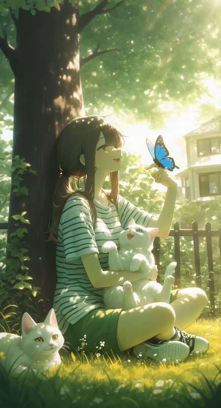 masterpiece, best quality, good quality, newest, highres, absurdres, 1girl, solo, long hair, smile, open mouth, shirt, brown hair, holding, sitting, ponytail, short sleeves, outdoors, shorts, shoes, day, striped clothes, from side, tree, animal, sunlight, cat, grass, bug, sneakers, building, butterfly, striped shirt, fence, indian style, holding animal, green shorts, on grass, white cat, holding cat, looking at animal, under tree, xxx667_illu <lora:illustriousXL_stabilizer_v1.23:0.3> <lora:NOOB_vp1_detailer_by_volnovik_v1:0.3> <lora:ponyv6_noobE11_2_adamW-000017:0.45> <lora:XXX667:0.4> <lora:WSSKX_WAI:0.7>