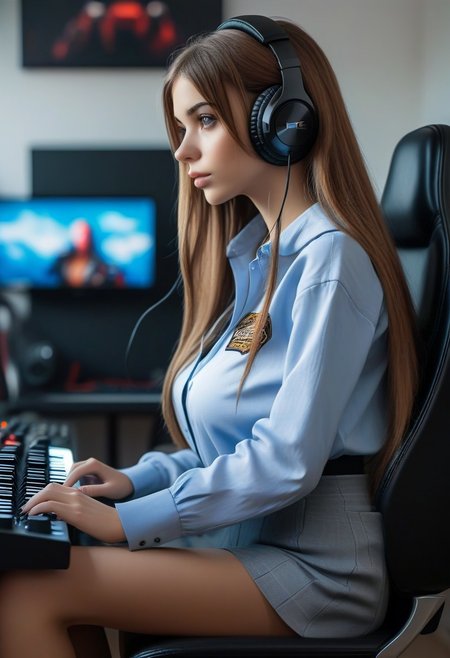 23yo french                    girl , straight long hair, headphones on head,                                                                                                                                                                                    OverallDetailXL
