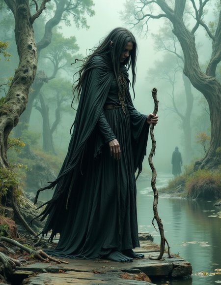 The Shadow Witch of the Hollow Marsh A tall, gaunt sorceress, her dark, flowing robes blending with the mist-covered marsh, steps carefully across the rotting wooden planks of an abandoned pier. Her long, matted black hair, streaked with tangled vines, drapes over her hunched shoulders as she whispers forgotten incantations to the stagnant waters. In her left hand, a twisted wooden staff, covered in ancient carvings, pulses faintly as spectral hands reach from the swamp beneath her. Her fingers, gnarled like roots, weave through the air, tracing symbols of power that flicker for mere seconds before vanishing. Around her, withered trees groan under unseen weight, their bark peeling as if recoiling from her presence. The air is thick with the stench of decay and something far older, as if the very land itself remembers her name. The atmosphere is haunting, mystical, and foreboding, capturing the presence of a woman whose magic is both feared and forgotten.
<lora:dark-fantasy-flux:1>
