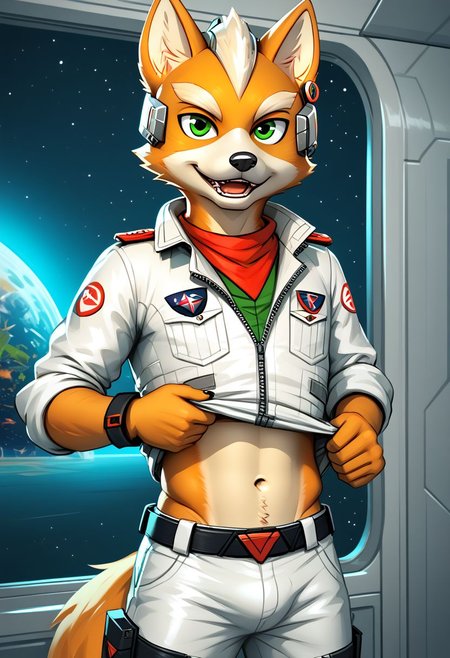 score_9, score_8_up, score_7_up, score_6_up, score_5_up, score_4_up, source_furry, Fox McCloud, Starfox, male, spaceship, solo, lifting up uniform, midriff, navel, happy look, looking at viewer, y2k3dnerdessence