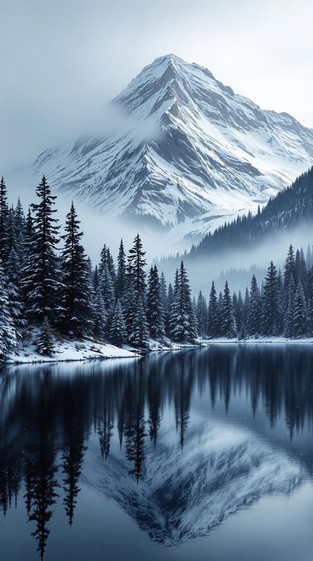 a mountain landscape, a forest of fir trees to mountain flan, a lake in the foreground, trees reflected in the water of the lake, snowy mountain in background, foggy and snowy landscape, dark and cold atmosphere, contrast shading