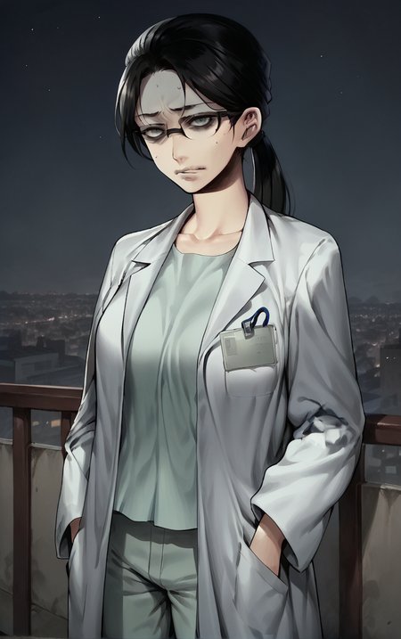 score_9, score_8_up, score_7_up, BREAK
WhiteCoat_DeathMark_ownwaifu, 
1girl, black hair, black-framed eyewear, breasts, glasses, large breasts, ponytail, long hair, grey eyes, semi-rimless eyewear, bags under eyes, sanpaku, turn pale,
white coat, labcoat, name tag, shirt, collarbone, id card, pants, pocket, grey pants, long sleeves,
(standing, arm_support), railing, cityscape, night, city, city lights, scenery, starry sky, vanishing point, outdoors, <lora:PONYXL_MadokaHiroo_DeathMark_ownwaifu:0.8> , depth of field, solo,