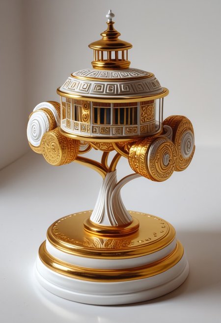 a golden and white porcelain figurine of (((DedMoroz))) (pmg style, h1ppyCE style, hippy, DedMoroz)
