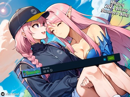 score_9, score_8_up, score_7_up, score_6_up,source_anime, rating_safe,
2girls, midair, sky, clouds, lens flare, light particles,dutch angle,cowboy shot,  BREAK
<lora:steam_delivery:0.7> , SDG, hat, shorts, jacket, shirt, backpack, braid, looking at another, happy, open mouth,(on back, knees up:1.3), BREAK
<lora:terraria_empressoflight_ponyXL:1>, empressoflight, yellow skin, pointy ears, insect wings, blue gloves, bare shoulders, cleavage, closed eyes, expressionless, 
<lora:princess_carry_v0.3-pony:1> , princess carry,  BREAK