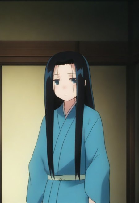 Masterpiece, Top Quality, source_anime, anime screencap, source_anime, auratheguillotine, anime screencap, masterpiece, source_anime, shiny skin,,,,anrakutei, blue_eyes, black_hair, very_long_hair, blue_kimono, long_sleeves, wide_sleeves,