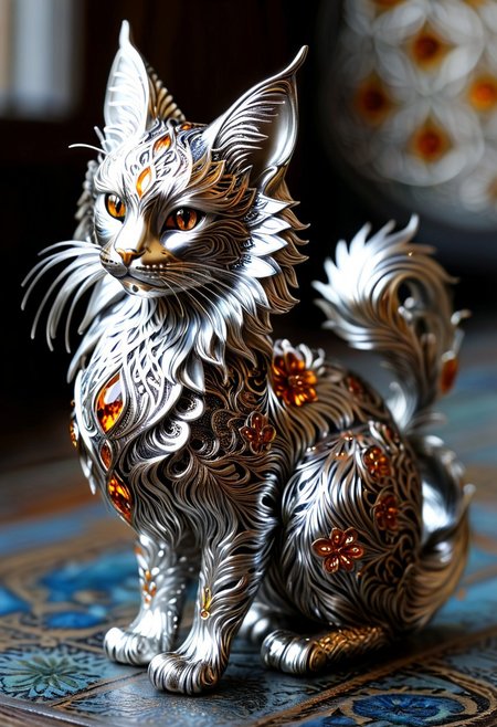 a unique, inadequate, unusual shape of random Mainecoon+botanical art object, filigree statuette, gloss metal silver, amber eyes,  cloisonne enamel minankari,  intricate details, ultra sharp, exquisite details, studio photo, soft lighting, End_JewelryMorph