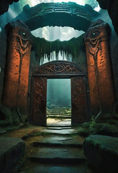D&D scenery, a dungeon hall with a rusty iron door in a deep dark dungeon, futuristic utopic fantasy, intricate,UHD, masterpiece, high resolution surrealism , HDR photo Canon EOS