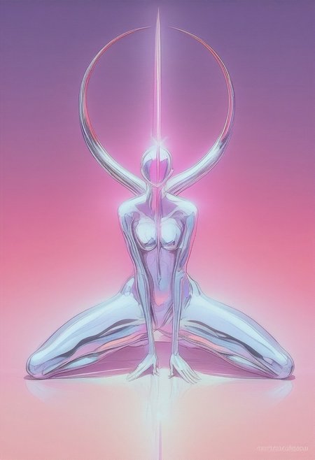 In this hyper-detailed Chromecore art piece, a vibrant scene captures a woman kneeling in a seated position on a flawlessly reflective mirror floor. She wears the iconic Sailor Moon outfit, the bright, saturated colors of the uniform contrasting vividly against her body, which is covered in a metal skin texture featuring an iridescent, glossy sheen from the neck down. Her skin exhibits a gradient of vibrant hues, showcasing a colorful array that shines brilliantly against a simple dark and blue background, amplifying her presence with bright, vibrant colors.
Her posture is calm and composed, her head tilted backward in a graceful arch, eyes gently closed as if in a deep meditative state, exuding a serious expression that emphasizes a sense of peace and serenity. The minimalist surroundings enhance the impact of her chromatic figure, with dark pillars rising like monoliths, framing the scene and contributing to the dark vibes and dark fantasy atmosphere.
These towering structures add a serious tone, contrasting with her expressionless but colorful form. The mirror-like floor reflects every detail of the scene, including the luminous quality of her chromatic skin and the intricate folds of her outfit, amplifying the ethereal beauty of the moment. This visual harmony between the luminous figure and the minimalist, shadowy environment merges the dreamy aesthetic with stark contrasts, embodying the essence of Chromecore. animaport
