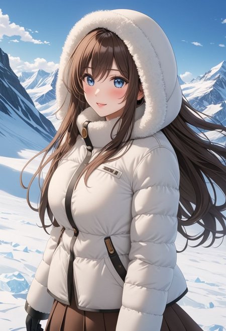 ((((white Oversized shearling down jacket)))), ((((white Oversized shearling puffer jacket)))), ((((white Oversized shearling winter clothes)))), ((((very very cold, in cold)))), ((((semi-realistic)))), ((((puffer hood)))), ((medium knee office skirt, pantyhose)), ((((cowboy shot)))), ((sharp eyelid, eyeliner, eyelashes, beautiful detailed eyes, tsurime, long messy brown hair, blue eyes, perfect anatomy)), smile, walking, icefield, dynamic pose, ((((masterpiece)))), ((((best quality)))), ((intricate details)), RAW, 8K UHD, (1girl), office lady, detailed face, beautiful face, charming, bonny, (((blush))), (((heavy breathing))), (((feels orgasm))), wind, (Thick padded collar:1.4), (TSH:1.4), (Thick padded cuffs:1.4)