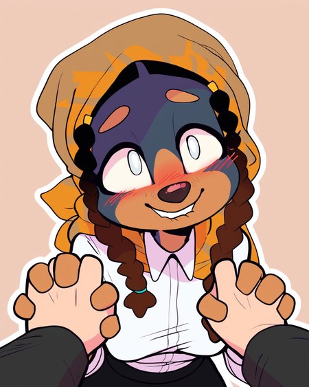 score_9_up, score_8_up, score_7_up, score_6_up, dog, furry female, multicolored body, blush, blind, brown headscarf, female, furry, tail, white eyes, medium breasts, braided pigtails, male/female, smile, biting lip,  happy,  first person view, humanoid hands, human, hand holding, black skirt, looking ahead, white topwear, simple background, white outline, <lora:Leah_Pines(AIM)_XL_v1:0.15> <lora:PDXL_artist_tags_v2_big:0.5> <lora:The-Minuscule-Task_PDXL_v1.0:0.6> <lora:Quelea_CanaryPrimary:0.7>