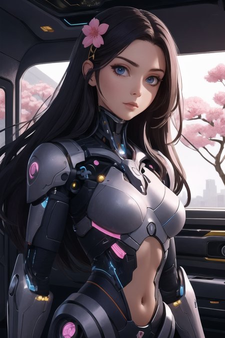 pretty cyborg lady, lots of details, sakura flowers, fine art, futuristic setting