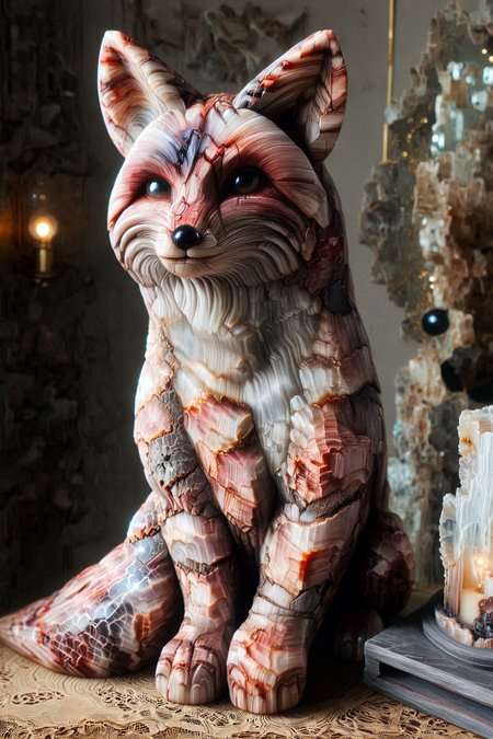 a fox dressed in a pink suit stands in front of a table with a mirror and a lamp on the wall behind it  
,<lora:PetrifiedWood_SDXL:01.85> Petrified Wood
 <lora:aidma-Image Upgrader-v0.1:0.45> max details,
