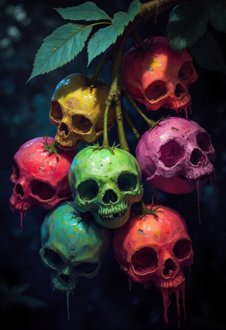 zombie fruits hanging from a branch, vibrant glow