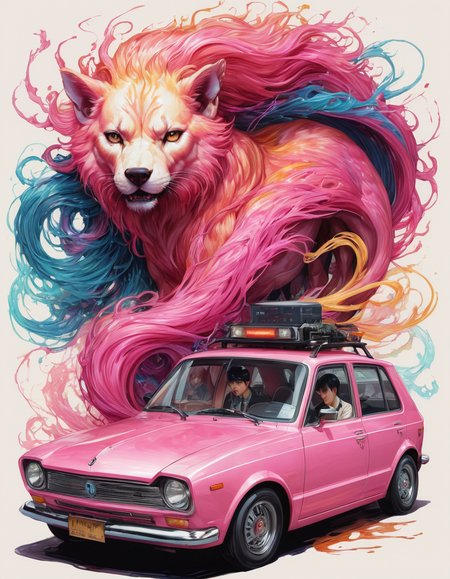 Horror-themed <lora:CivitAI__Style_Fusion_-_FFusionAI_Entry_64DIM:0.8>, CivitAI Fusion Style, Ross Tran, Junji Ito, J.C. Leyendecker, Polychromatic, Yumihiko Amano, Electric Car, Hopeless, Carne Griffiths, rpg concept art, Rainbow and electric pink details, Vector Art . Eerie, unsettling, dark, spooky, suspenseful, grim, highly detailed